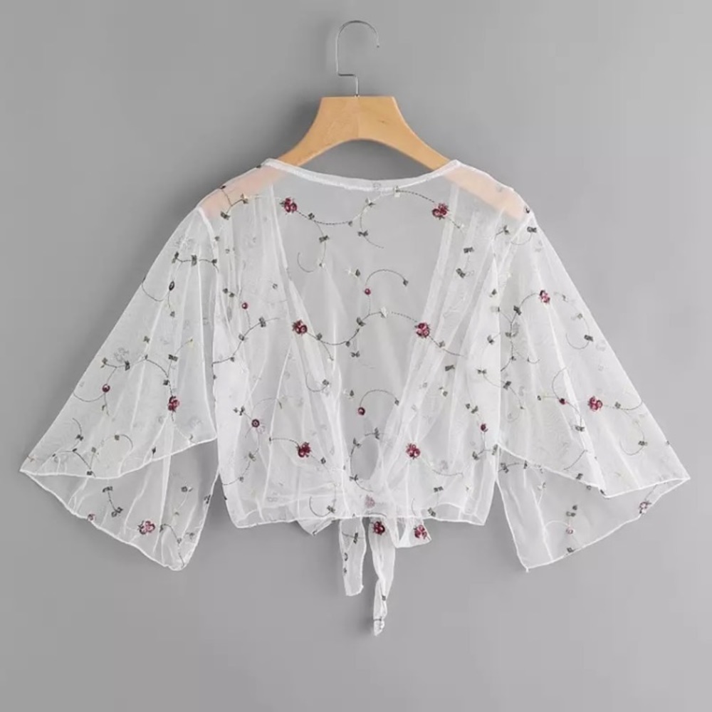 🔹Last 1🔹 Sheer Tie Top w/ Embroidered Flowers - Picture 2 of 4